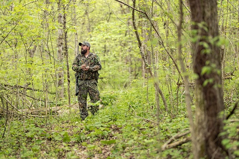Man in camo using a turkey call in green wooded land.