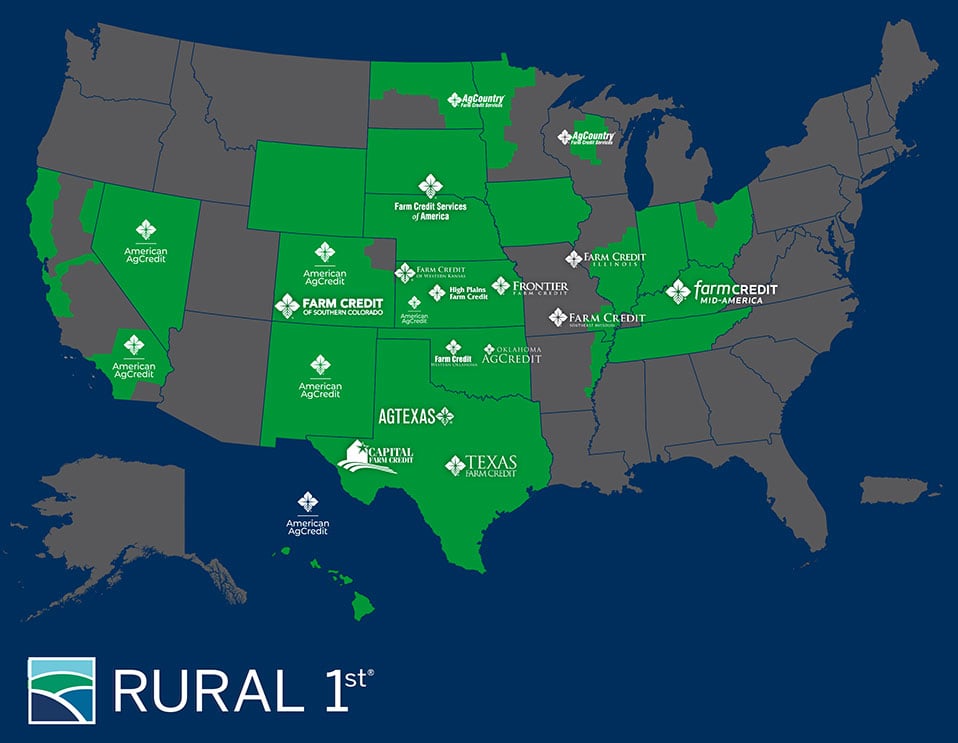 A United States map displaying Rural 1st's locations and partner Farm Credit associations.