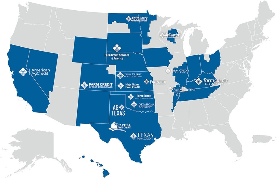 A United States map displaying Rural 1st's locations and partner Farm Credit associations.