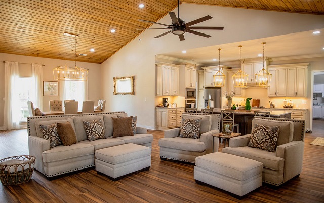 Well-decorated interior of a barndominium.